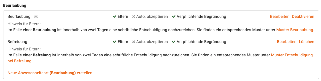 Abwesenheitsart Beurlaubung