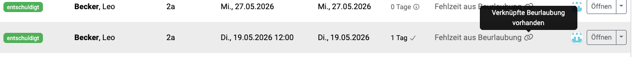 Abwesenheitsart Beurlaubung aktuell Abwesenheitsart Beurlaubung aktuell