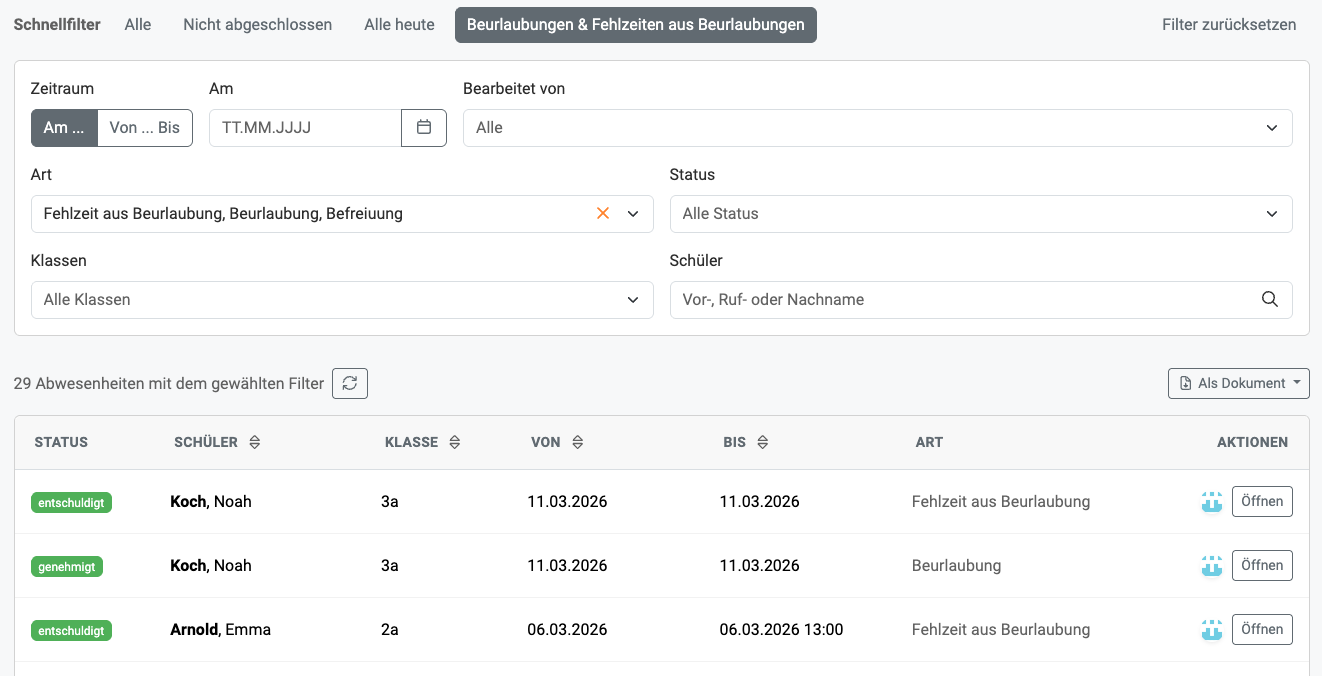 Schnellfilter: Beurlaubung
