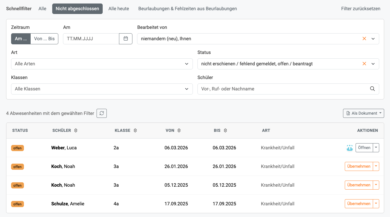 Schnellfilter: Offen