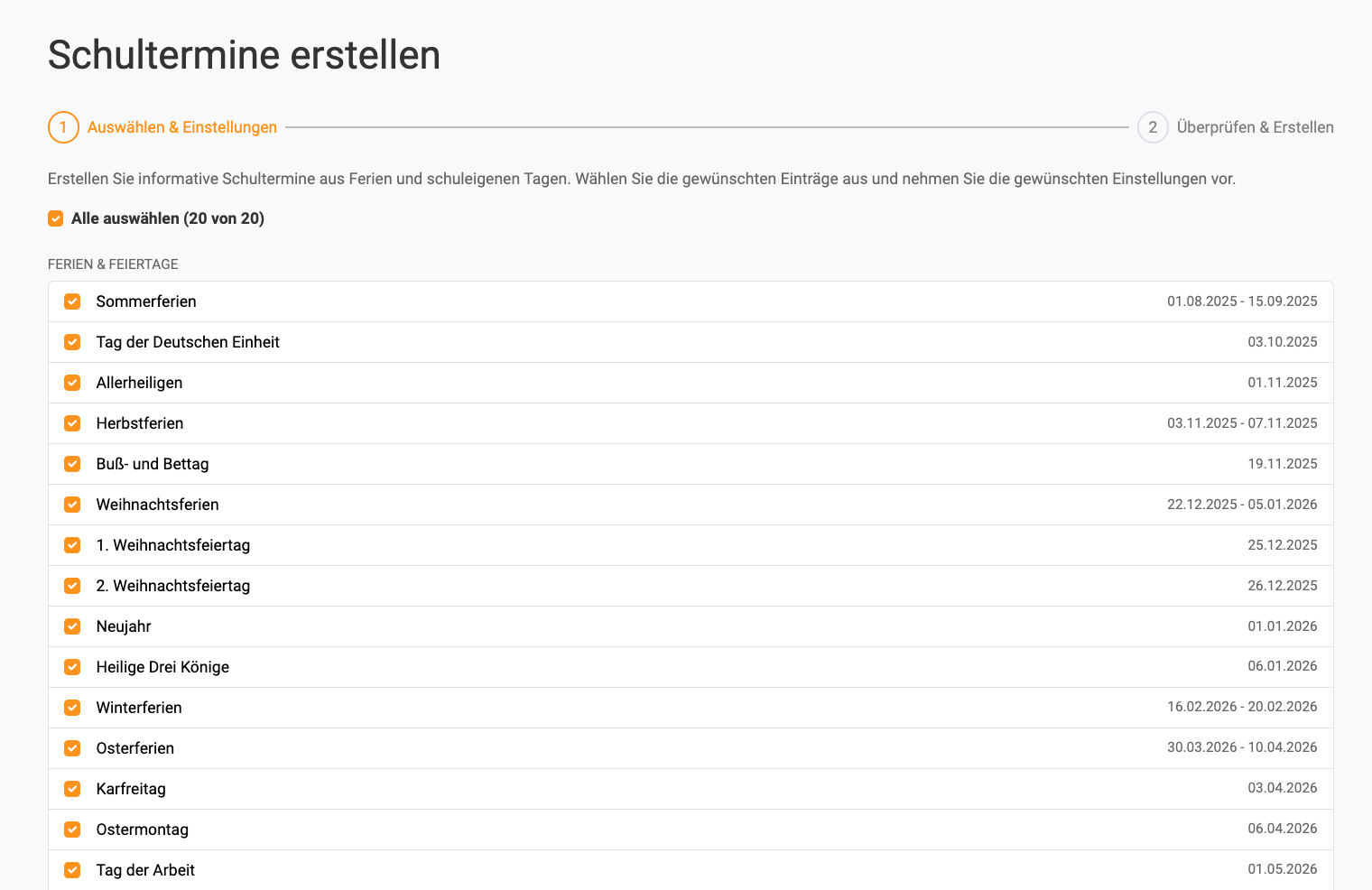 Übersicht Ferien & Feiertage