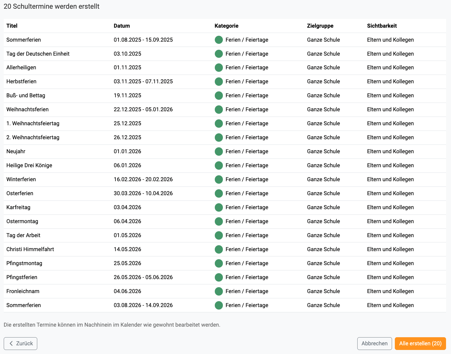 Übersicht Ferien & Feiertage