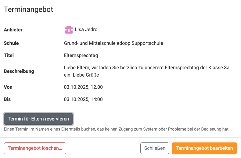Termin für Elternteil blocken