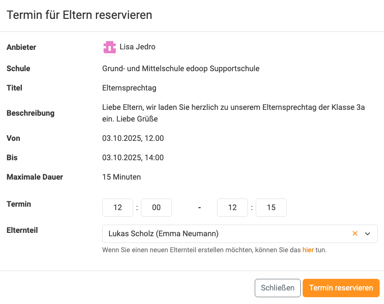Termin für Elternteil reservieren