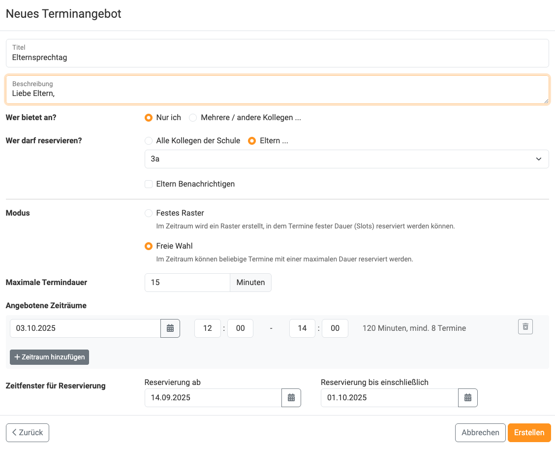Ein neues Terminangebot anlegen