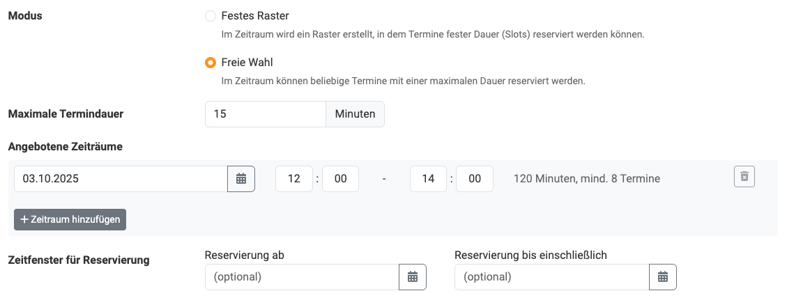 Terminangebot mit freier Wahl definieren