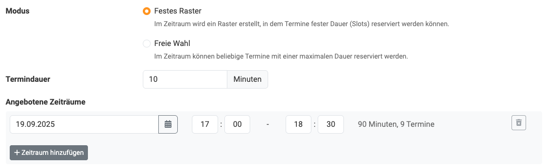 Terminangebot mit festem Raster definieren