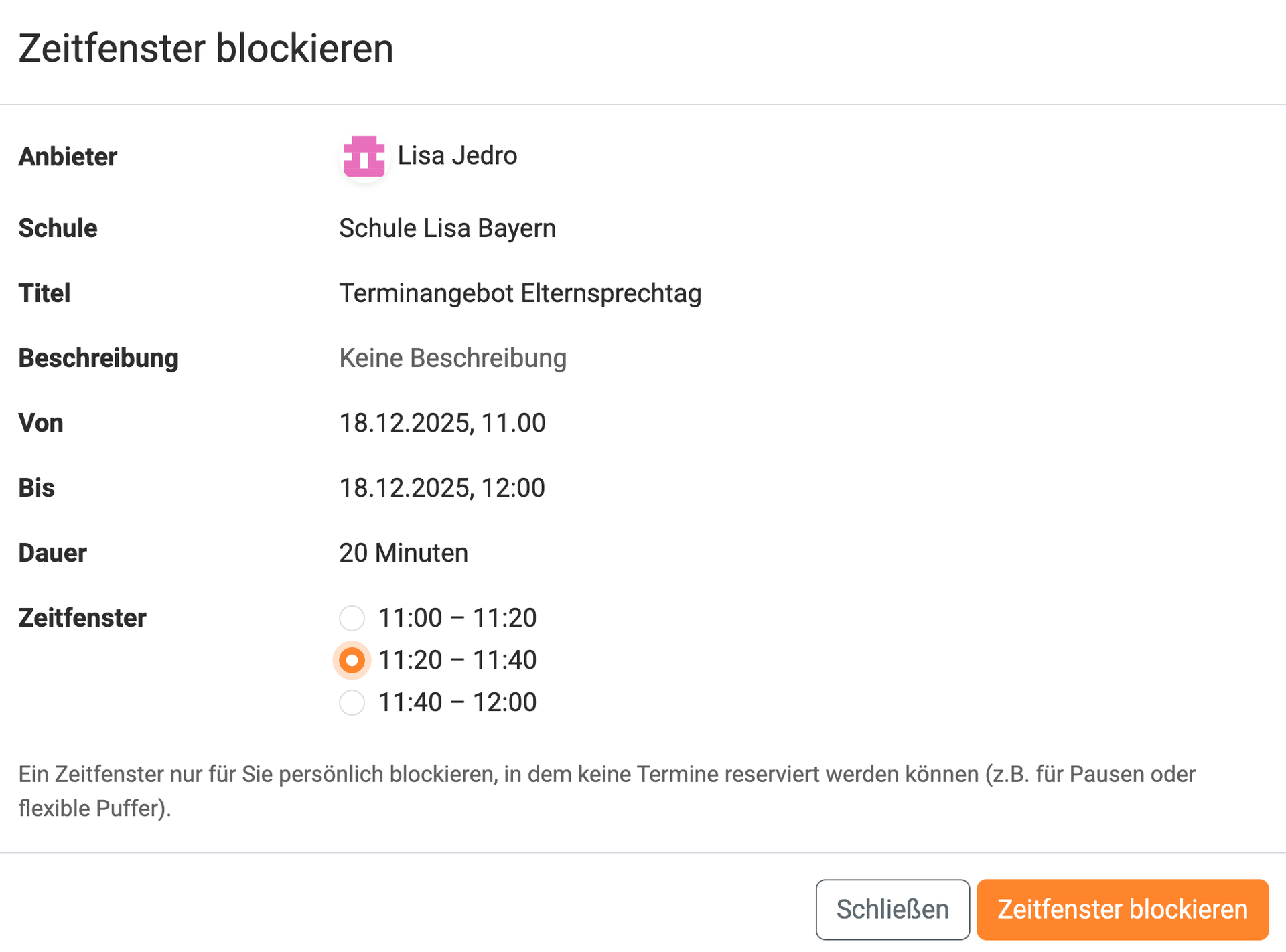 Zeitslot blockieren Auswahl