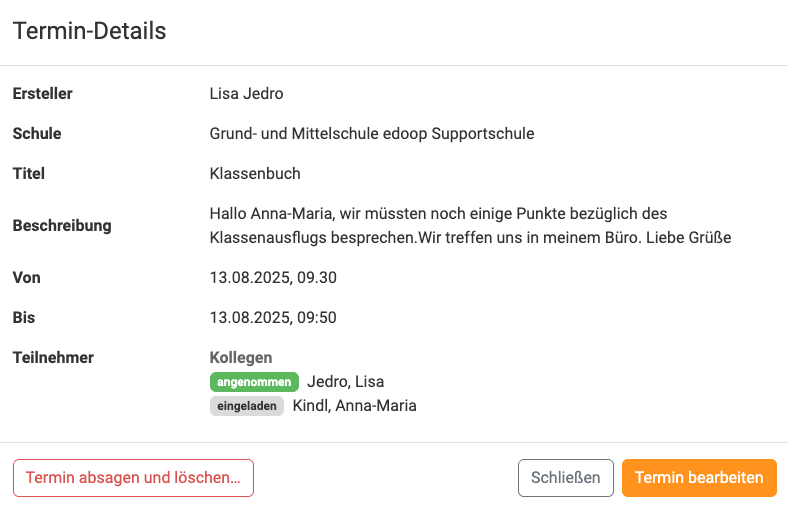 Termin ändern und Status der eingeladenen Personen
