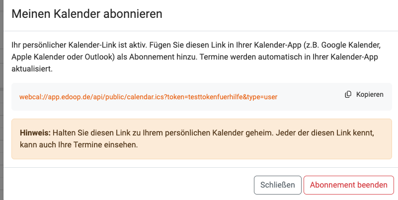 Kalender abonnieren - Token Kalender abonnieren - Token