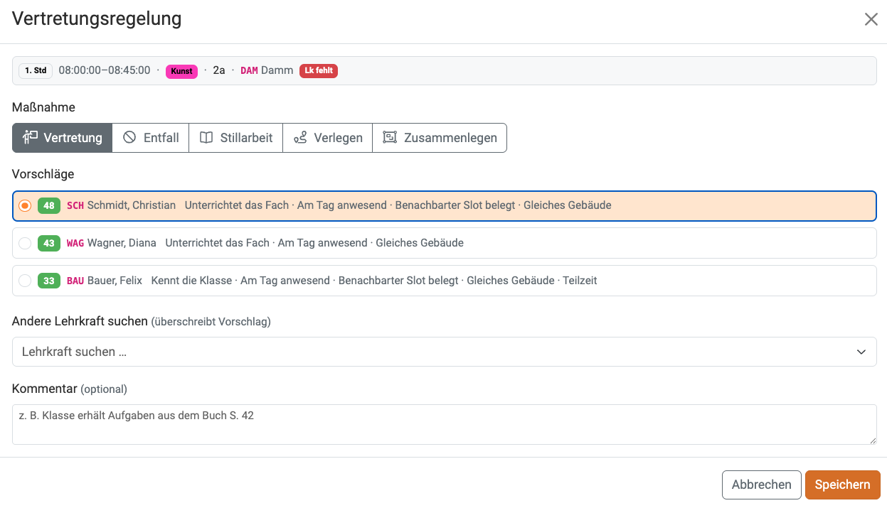 Vertretung eintragen