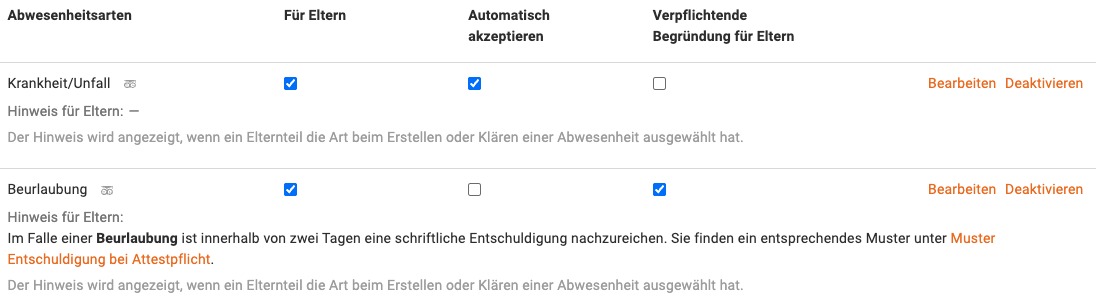 Abwesenheitsarten Übersicht