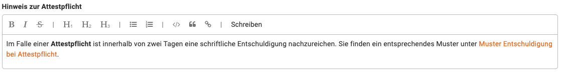 Hinweis Attestpflicht