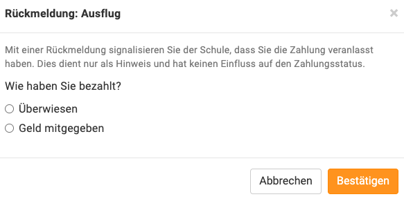 Zahlungen Rückmeldung Auswahl