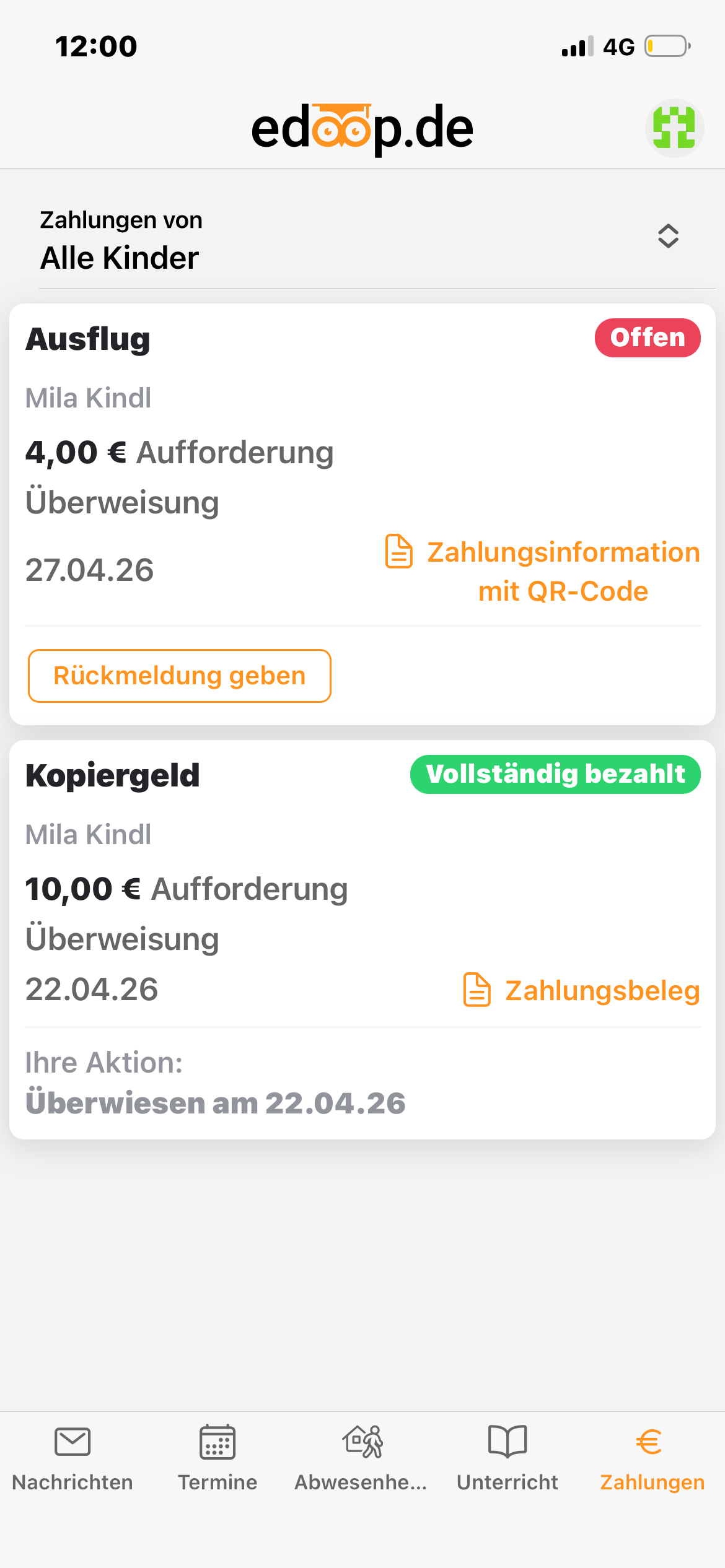 Zahlungen Übersicht